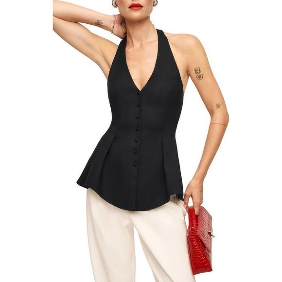 Reformation Women's Black Open Back Button-Down Peplum Summer Top Size 10 NWOT - Picture 2 of 11